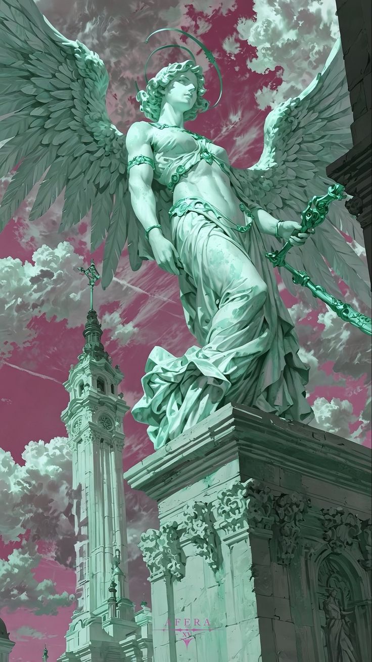 The Angel of Ascension: a verdigris angel statue with halo and staff against a storm sky